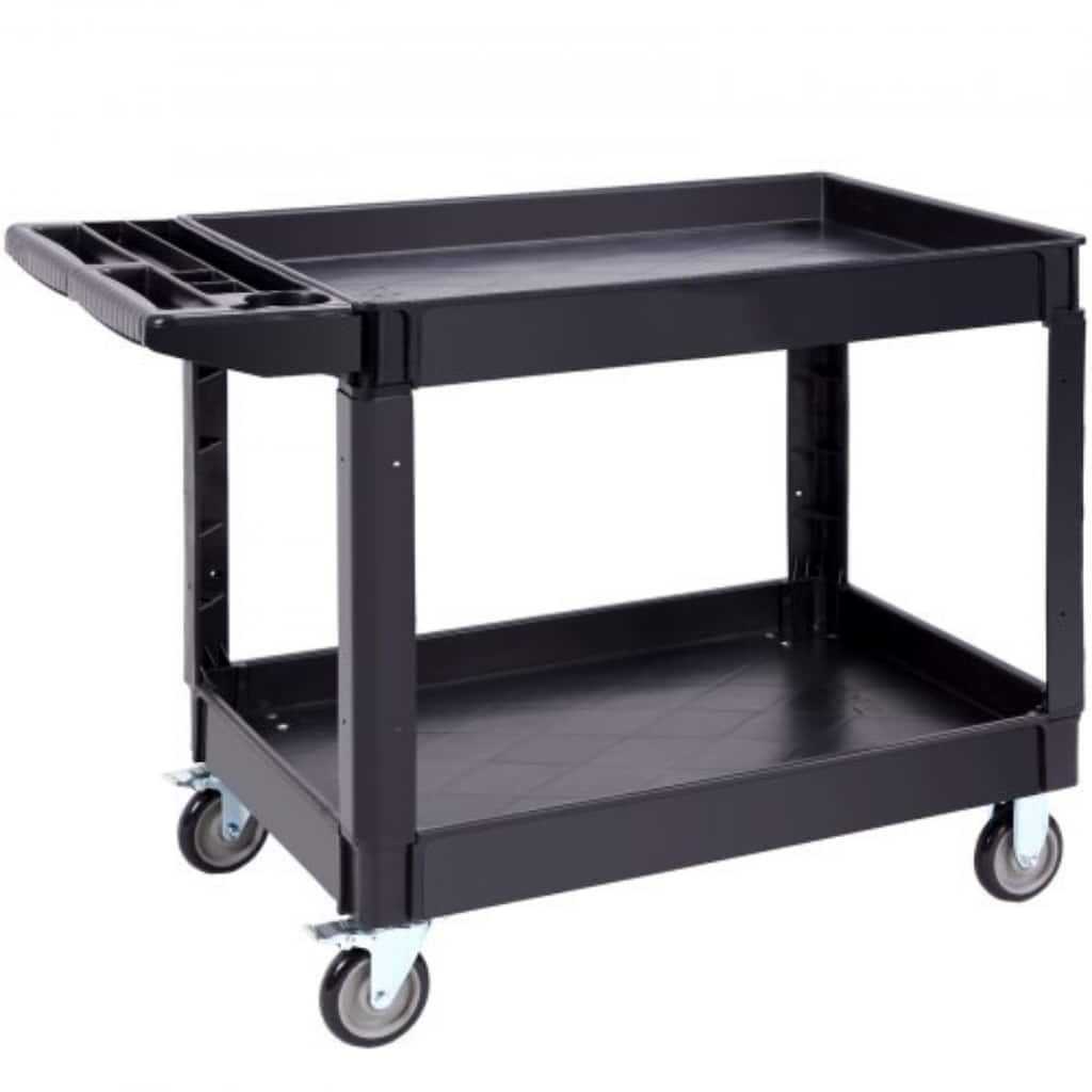 Black Heavy-Duty Plastic Utility Service Cart with 2 Storage Shelf and Lockable Swivel Wheels - 45.67 x 25.59 x33.46 in