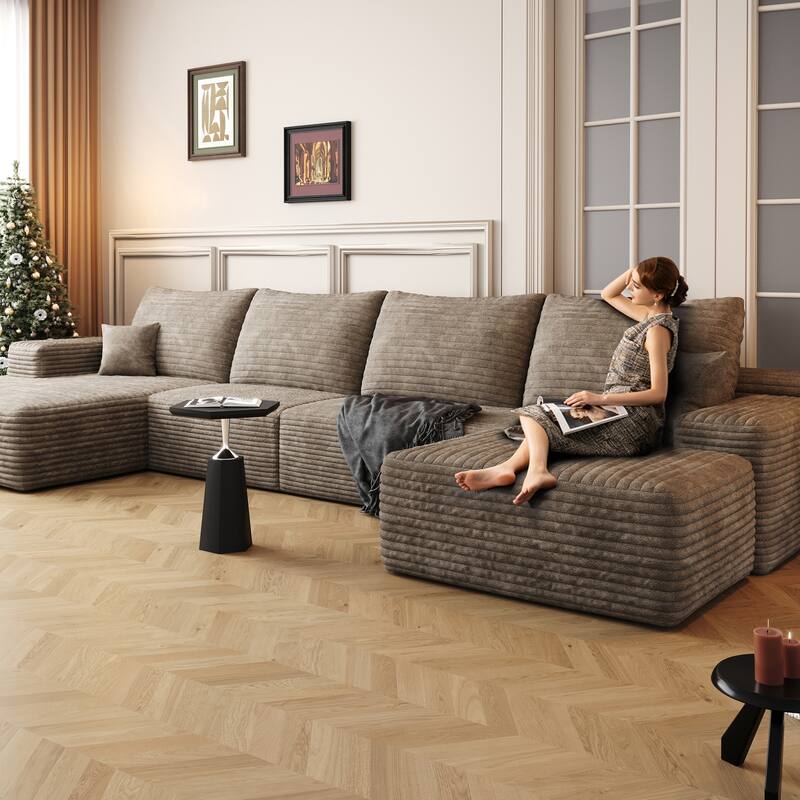 Corduroy Upholstered U-shaped Sectional Sofa with Chaise and Ottoman