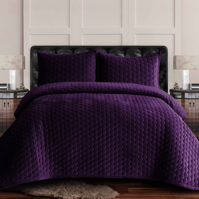 Lugano Honeycomb Velvet Oversized Solid Quilt Set - Purple - Queen