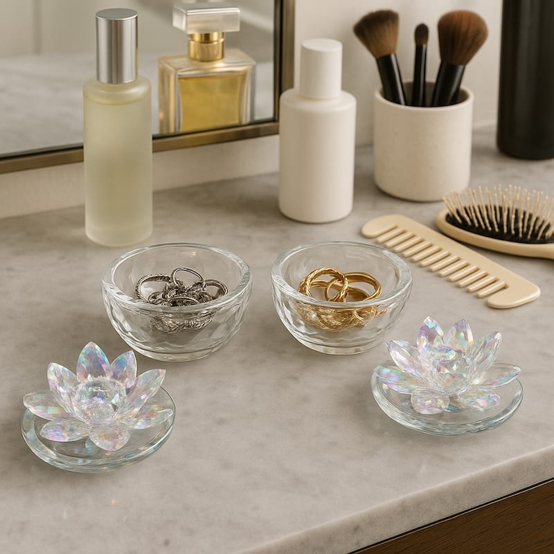 Decorative Round Glass Box with Lotus Top - Set of 2, 4"