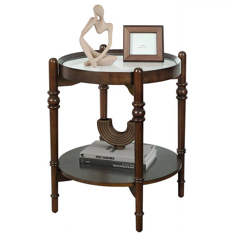 Modern Round Glass End Table – Dual-Level Design with Decorative Wooden Shelf