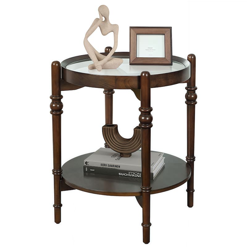 Round Glass Top Side Table with Wooden Shelf
