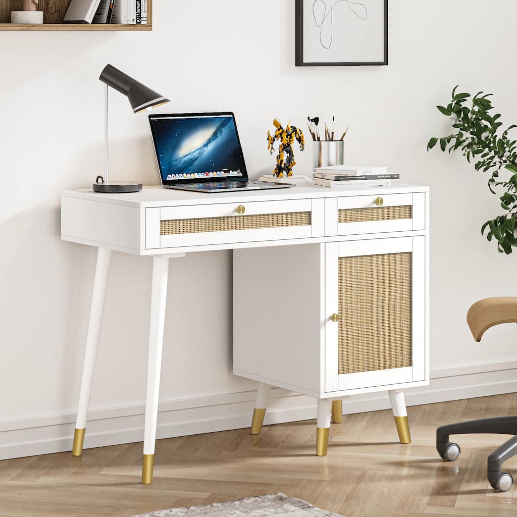 Computer Desk with 2 Drawers Modern Rattan Home Office Desk with File Cabinet