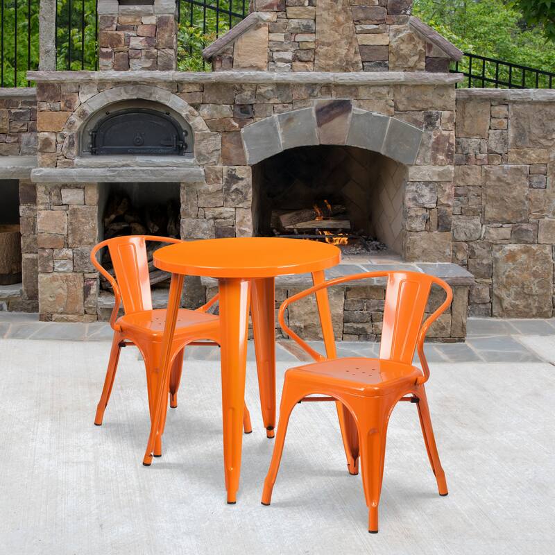 24'' Round Metal Indoor-Outdoor Table Set with 2 Arm Chairs - Orange