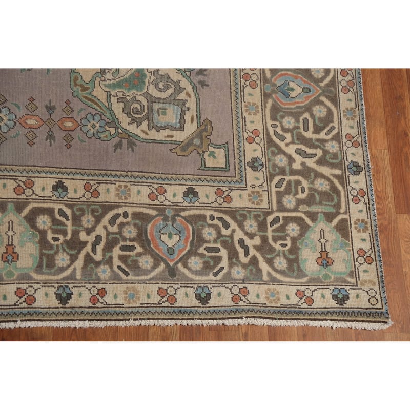 Gray Geometric Tabriz Persian Vintage Area Rug Handmade Wool Carpet - 9'10"x 12'11"