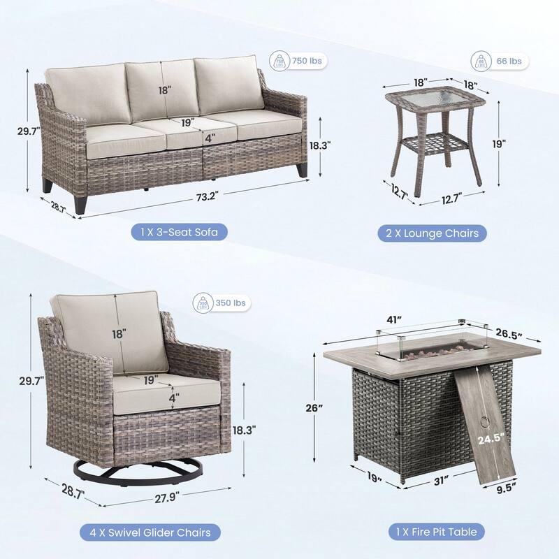 Pocassy 8 Pieces Fire Pit Table w/ Sofa Swivel Chair