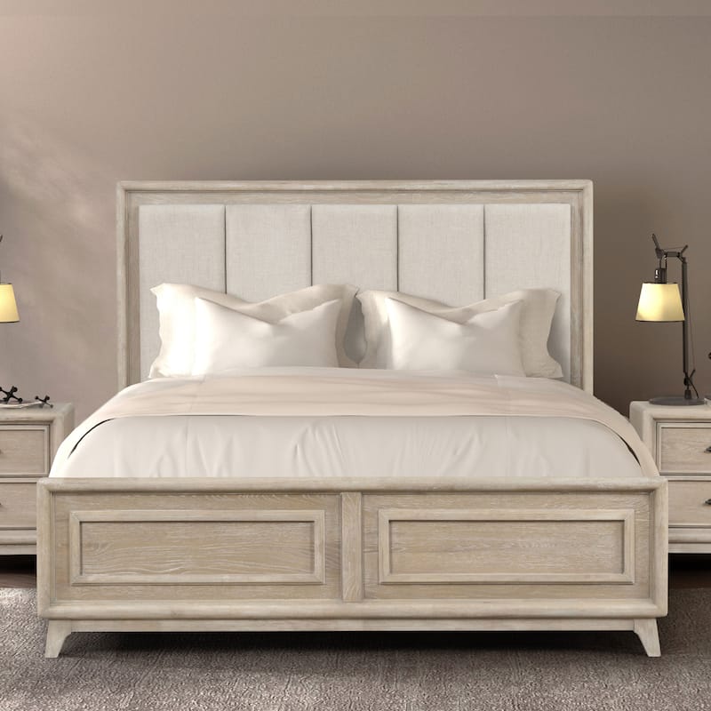 Furniture of America Lioraen Modern Oak Solid Wood Upholstered Channel Panel Bed - King