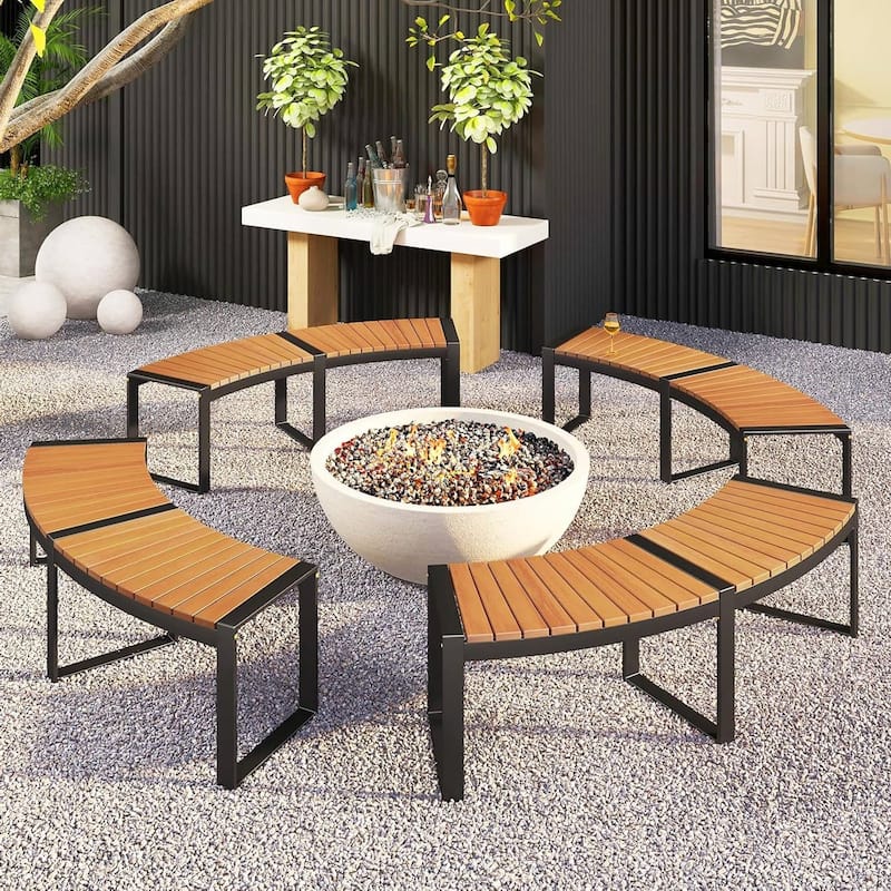 Natural Black Acacia Wood Metal Curved Backless Outdoor Garden Bench - 23"D x 57.5"W x 18"H