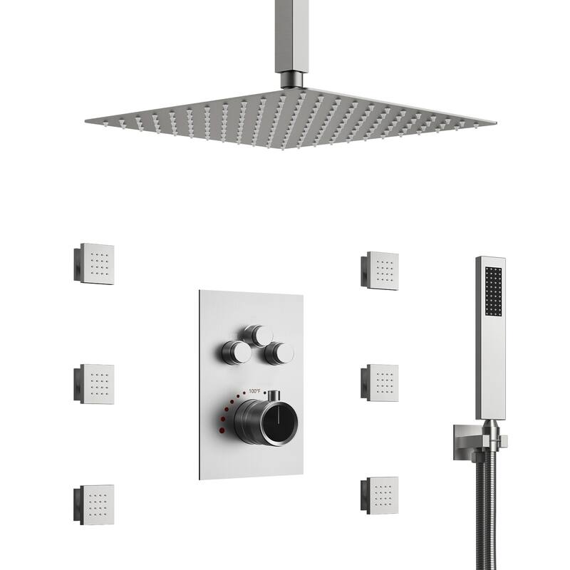 Shower System 12" Ceiling Rain Shower Head with 3-Way Thermostatic Faucet & Body Jets - Brushed Nickel