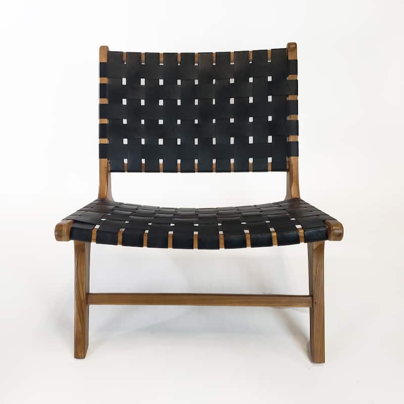 Brisot Square Weave Leather on Teak Wood Lounge Chair