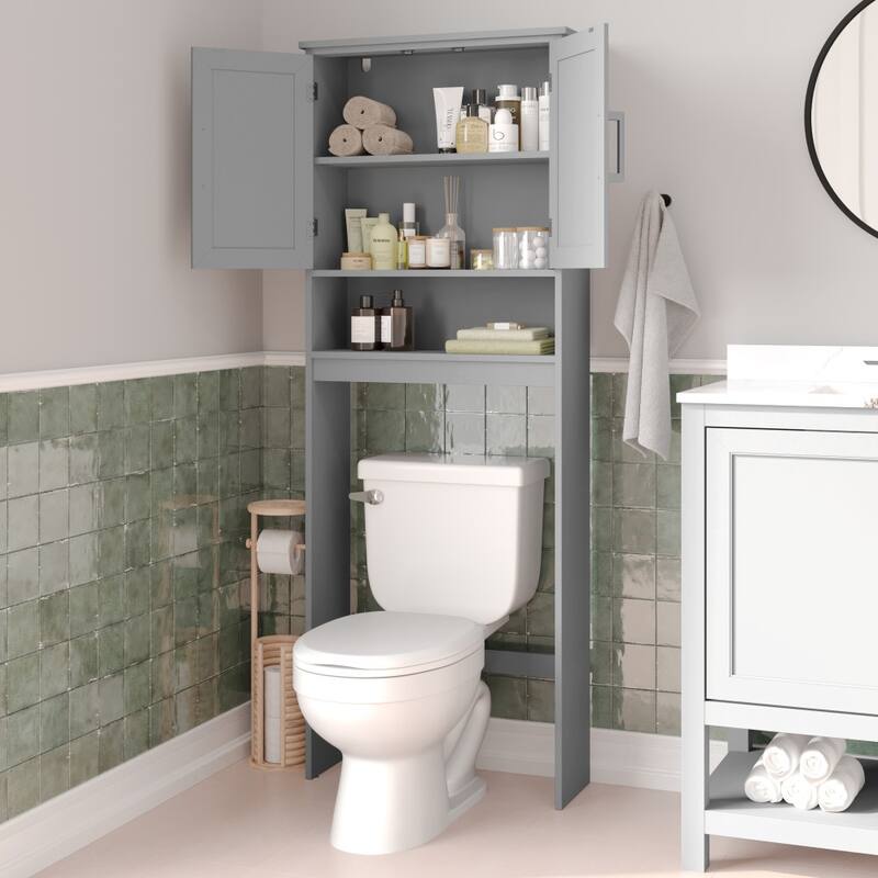 Gray Modern Over the Toilet Cabinet Storage Organizer with 2 Shelves and Doors