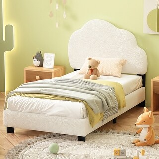 Twin Size Upholstered Boucle Fabric Platform Bed with Cloud-Shaped Headboard, Pine Wood Bed Frame for Kids, Boys & Girls, White