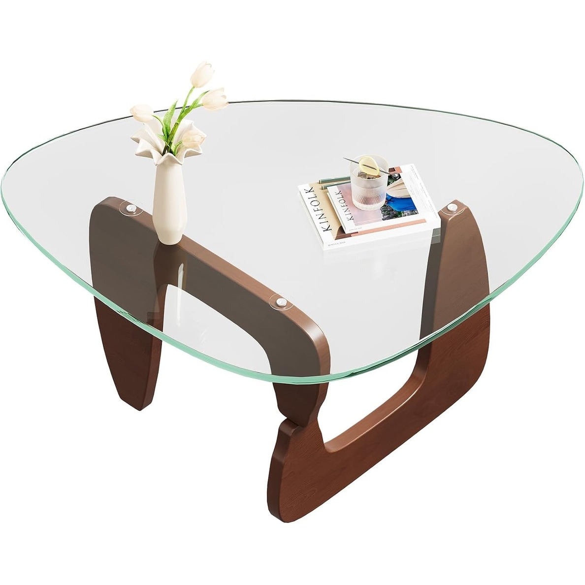 Mid Century Glass Coffee Table with Solid Wood Legs, 32.7" Triangle Design for Small Spaces, Living Room, Office