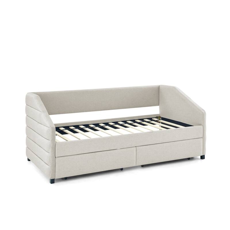 Queen Size Daybed with Two Drawers Trundle Upholstered Tufted Sofa Bed, Linen Fabric