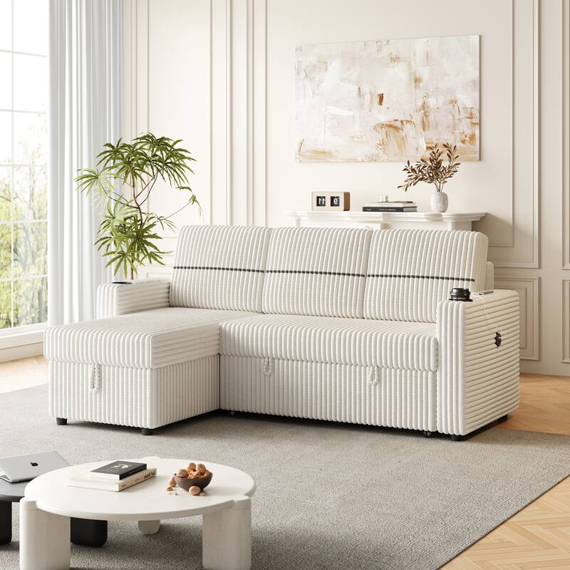 3-Seater Sleeper Sofa Bed with Corduroy Fabric, Storage Chaise, USB Charger, and Cup Holders