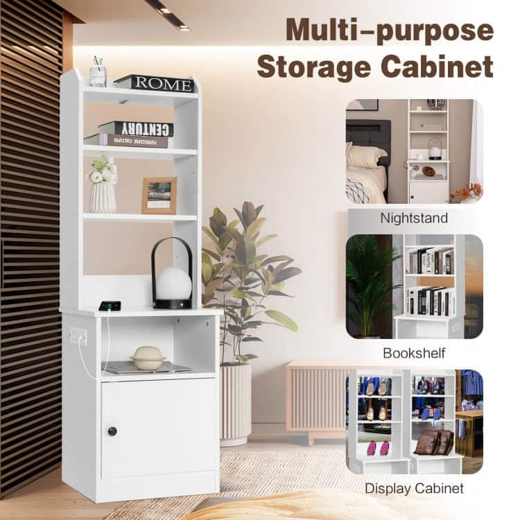6-Tier Bookshelf with Charging Station and Cabinet