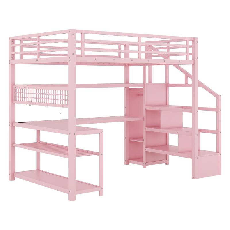 Full Size Metal Loft Bed with Staircase, Wardrobe, Desk, Storage Shelves, LED Lights, and Charge Station, Pink