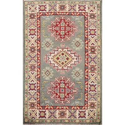 Geometric Kazak Foyer Rug Handmade Grey Wool Handmade Wool Carpet - 2'8" x 4'2"