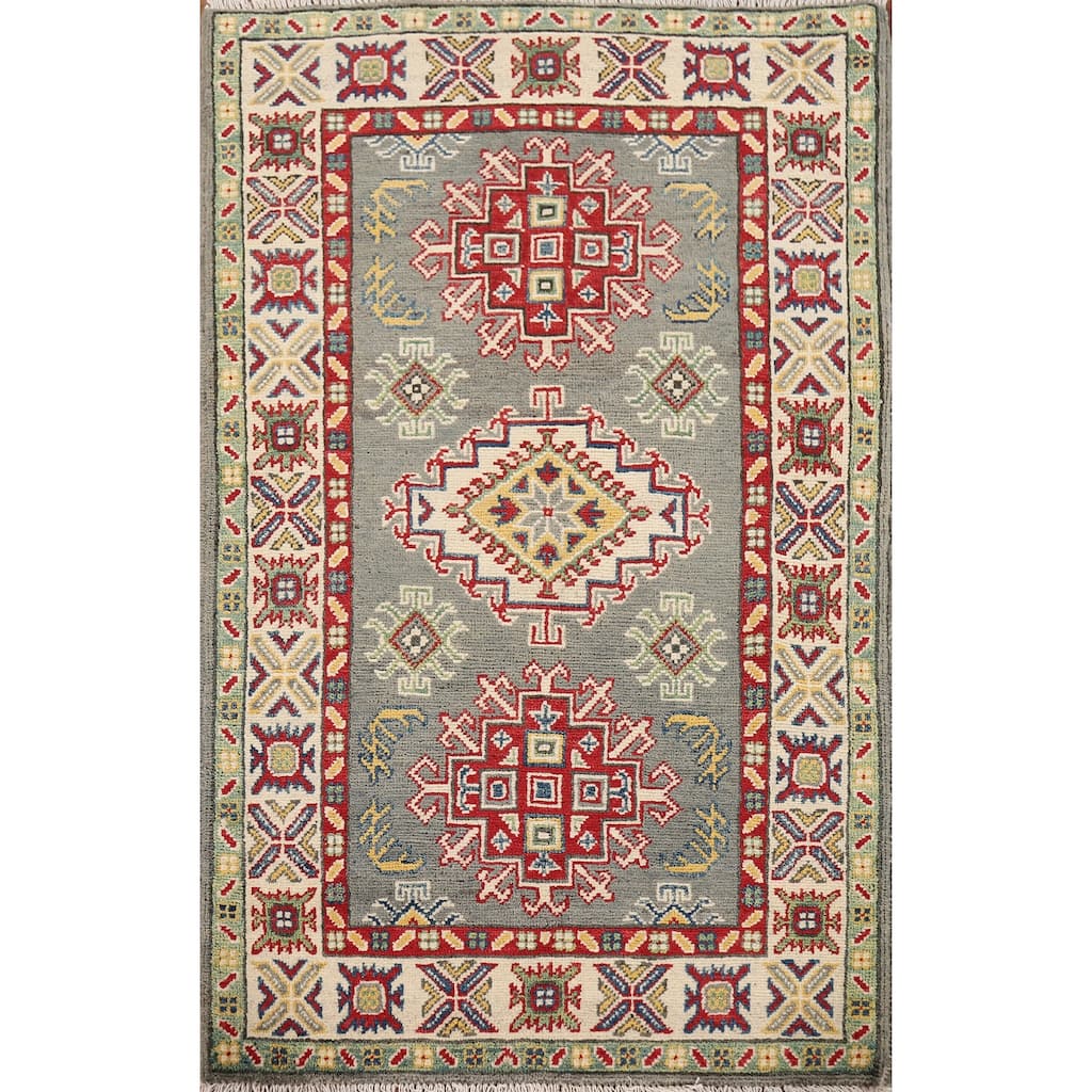 Geometric Kazak Foyer Rug Handmade Grey Wool Handmade Wool Carpet - 2'8" x 4'2"