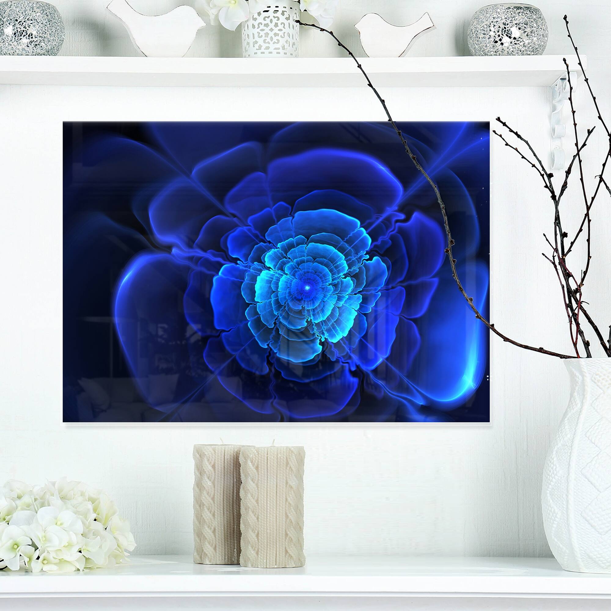 Bright Blue Fractal Flower in Dark Floral Large Abstract Art Glossy