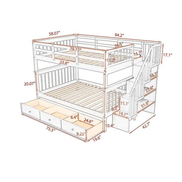 Full over Full Bunk Bed with Drawer, Storage Staircase, White