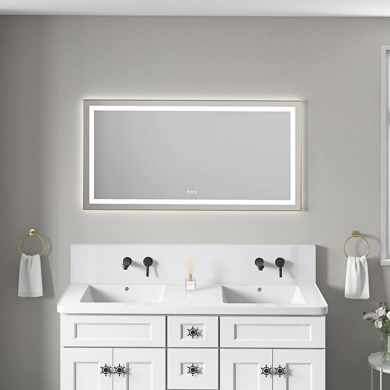 55 x 28 Inch LED Bathroom Mirror with Front and Backlight, Wall Mounted Vanity Mirror with Aluminum Frame, Anti-Fog