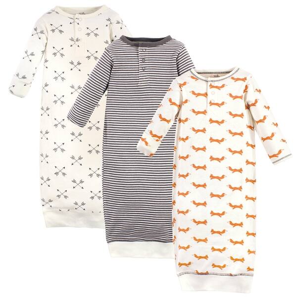 slide 1 of 1, Touched by Nature Baby Boy Organic Cotton Henley Long-Sleeve Gowns 3pk, Fox 0-6 Months - Fox