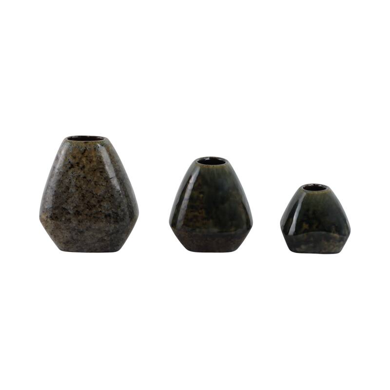 Stoneware Vases Geometric Glazed Finish (Set of 3) - 8/7/5" Brown