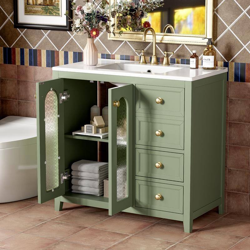 30''/36'' Bathroom Vanity with Sink, 3 Drawers Bathroom Storage Cabinet with Soft-Close Glass Door and Adjustable Shelf - Green - 36''W