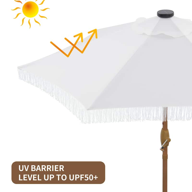 Ainfox 7FT Outdoor Patio Umbrella with Tilt Fringe Tassel Umbrella with LED Solar Lights