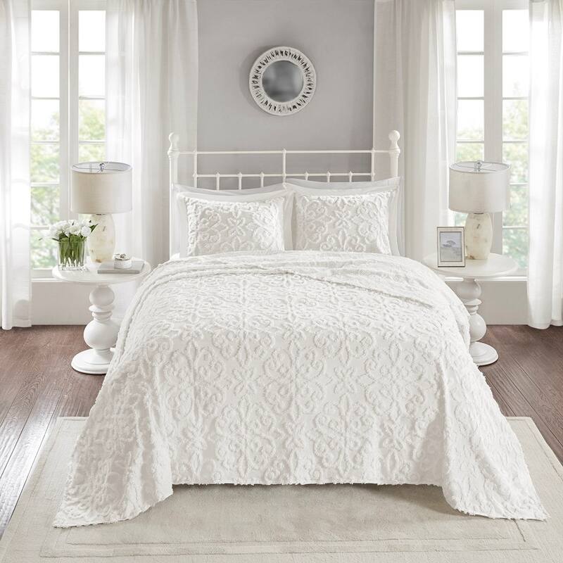 3 Piece Tufted Cotton Chenille Bedspread Set Off-White Full/Queen - Off White