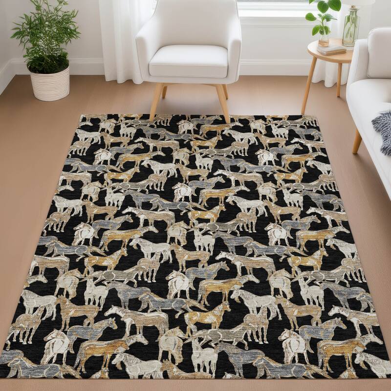 Machine Washable Indoor/ Outdoor Horse Herd Chantille Rug