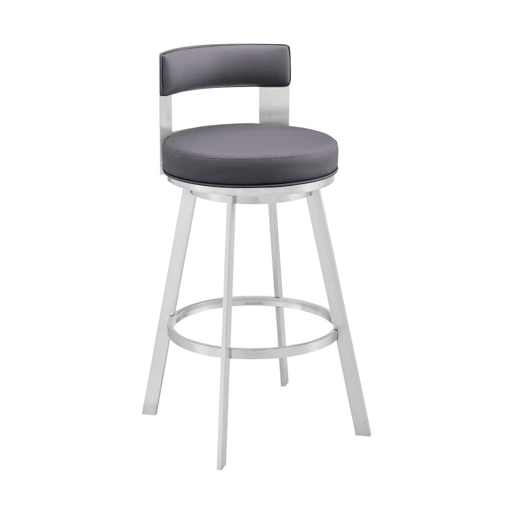 Ami 26 Inch Swivel Counter Stool Chair, Gray Faux Leather, Chrome Iron