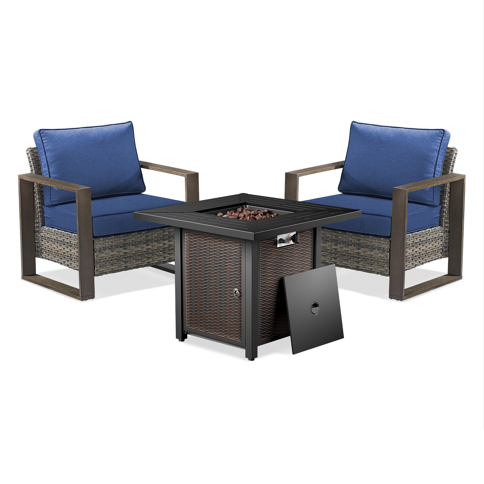 Meyreso 3-Piece Wicker Patio Conversation Set with Metal Fire Pit & Plush 4.5" Olefin Cushions