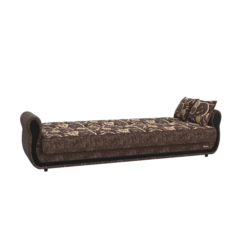 HomeRoots 90" Beige And Brown Chenille Convertible Futon Floral Sleeper Sofa With Toss Pillows And Storage