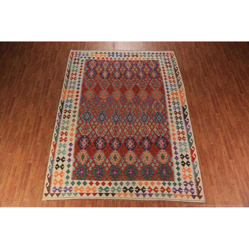 Trellis Geometric Kilim Oriental Area Rug Flatweave Wool Carpet - 8'8" x 11'9"