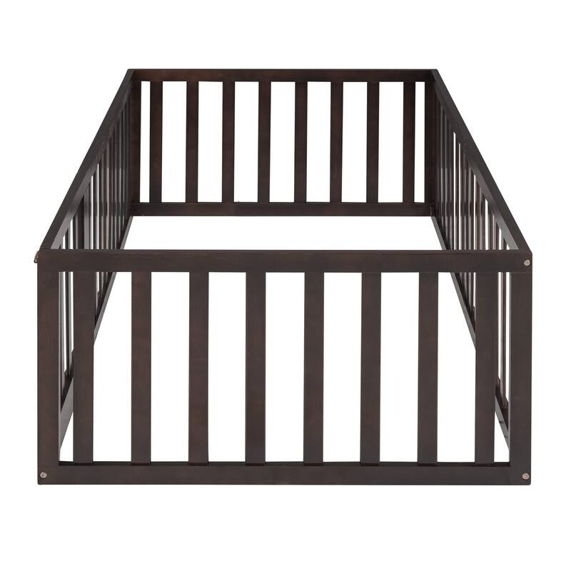 Versatile Wooden Floor Bed Frame without Slats, Solid Pinewood Kids Bed Frame with Fence and Door