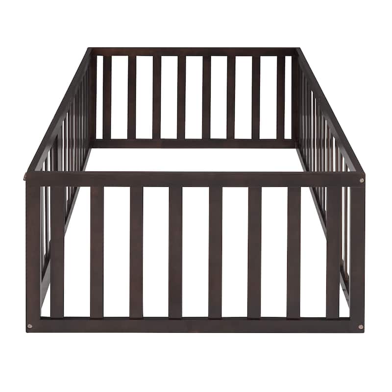 Wood Floor Bed Frame with Fence and Door