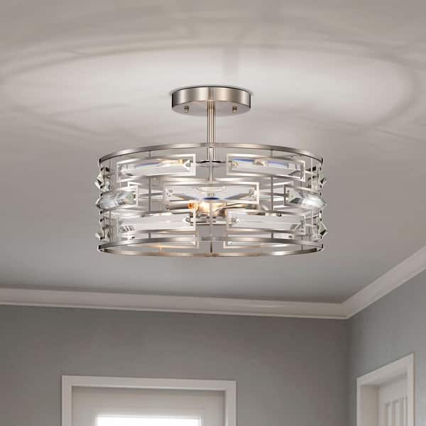 slide 2 of 12, Anita Satin Nickel 3-Light Drum Shade Clear Glass Prism Flush Mount - 17.2 inches in diameter x 11.3 inches H