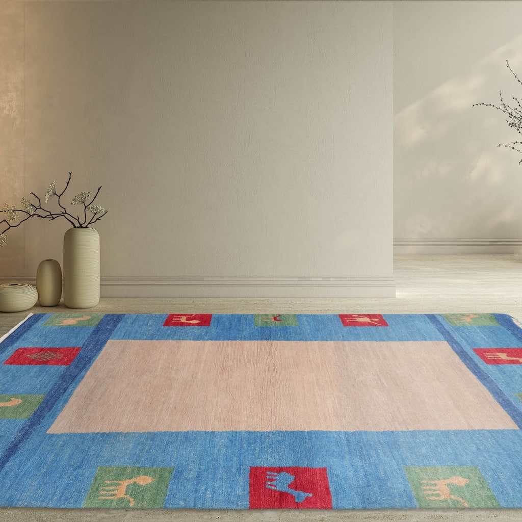 Hand Knotted Gabbeh Beige, Blue Persian Wool Modern Oriental Area Rug - 4' x 6'
