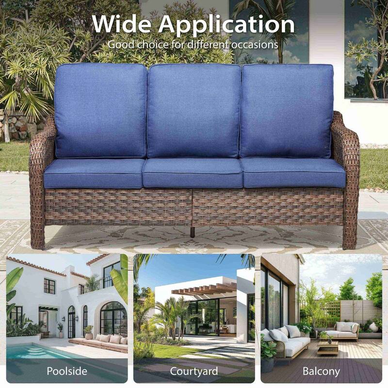 Cavira Brown Wicker Outdoor Patio 3-Seat Sofa with Olefin Cushions
