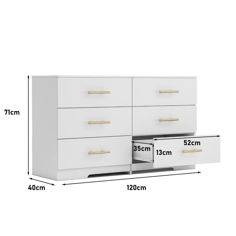 Country-Style 6-Drawer Dresser Table Storage Cabinet with Handles, for Guest Rooms and Children's Rooms, White