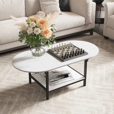 Oval Extended Coffee Tables 2-Tier Center Table with Open Storage
