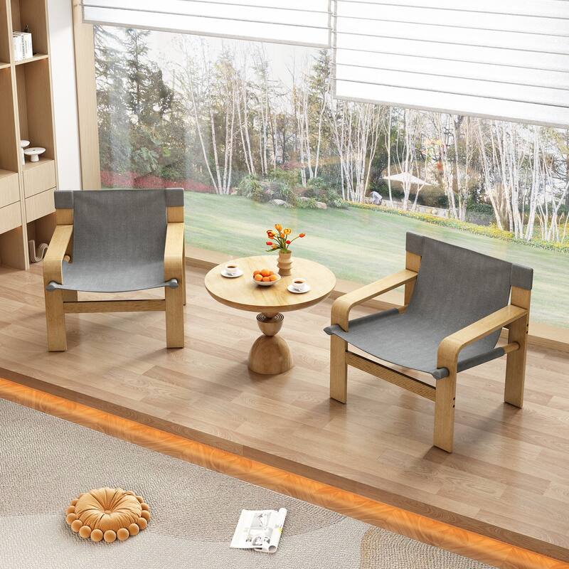 Detachable and washable Oak Accent Chair Wide Armrest Mid-Century Lounge Chair Linen Fabric Armchair & Solid Wood Frame