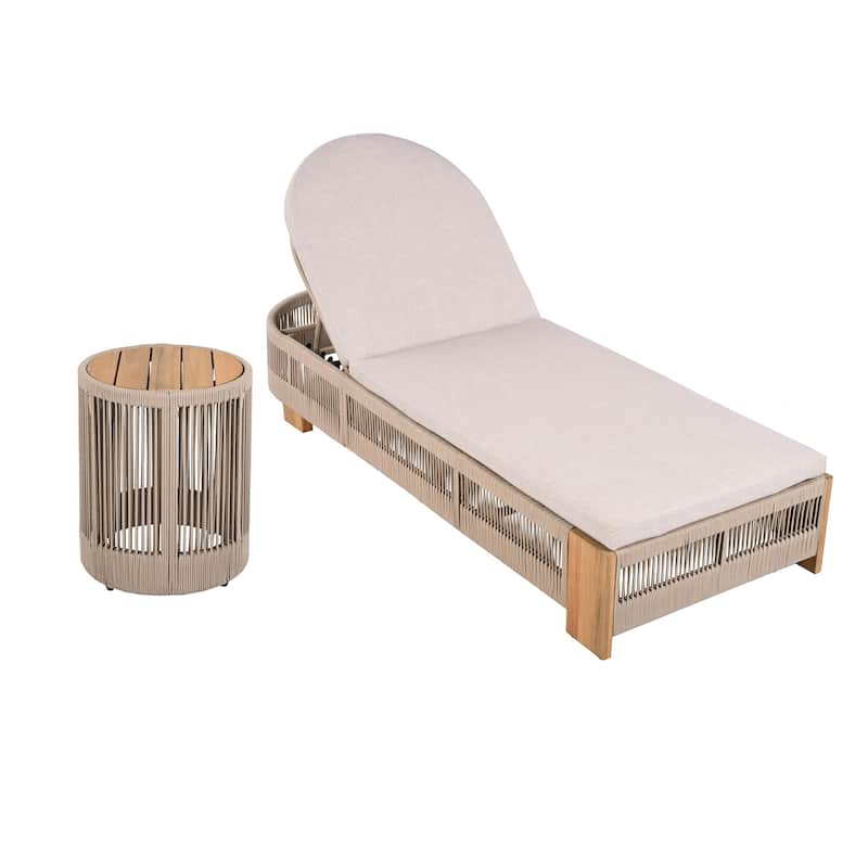 Premium Rope Chaise Lounge Set• Wood Frame with All-Weather Beige Cushions•Includes Adjustable Backrest & Matching Side Table