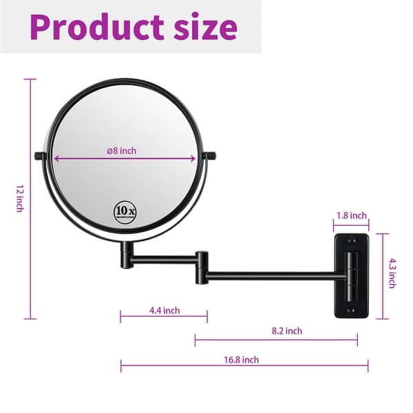 dimension image slide 4 of 11, 8" Bathroom Mirror Wall Mounted Magnifying Reversible Double Sided 1X/10X Makeup Mirror