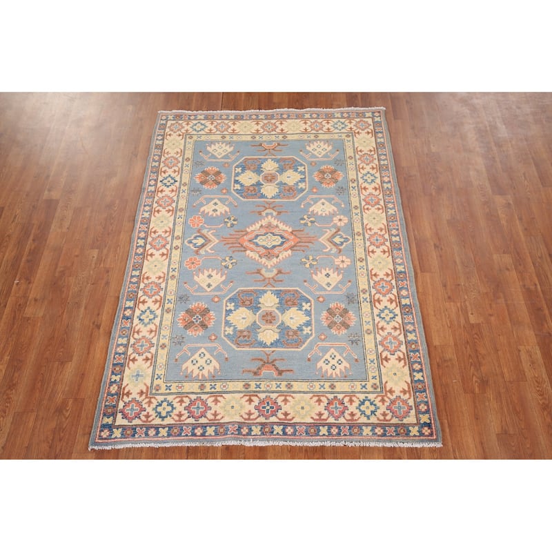 Light Blue Kazak Oriental Area Rug Hand-Knotted Bedroom Wool Carpet - 4'2" x 5'10"