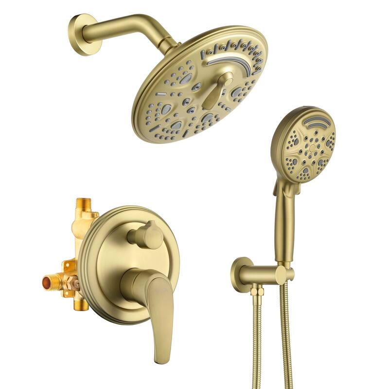 Wall Mount Shower Faucet With Rough-in Valve Complete Shower System With Handheld And 8 Inch Massage Shower Head Combo Kit Set - Brushed Gold