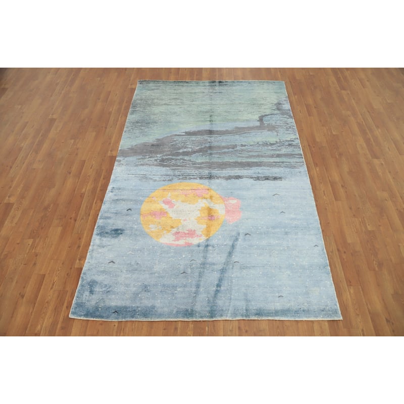 Hand Knotted Oriental Viscose Silk Carpet Modern Pictorial Navy Blue & Blues Abstract Area Rug - 8' 0'' X 5' 0''