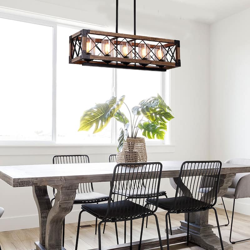 Modern Farmhouse 5-Light Wood Rectangle Chandelier Seeded Glass Kitchen Island Lights for Dining Room - 31.5" L x 8.75" W x 8" H